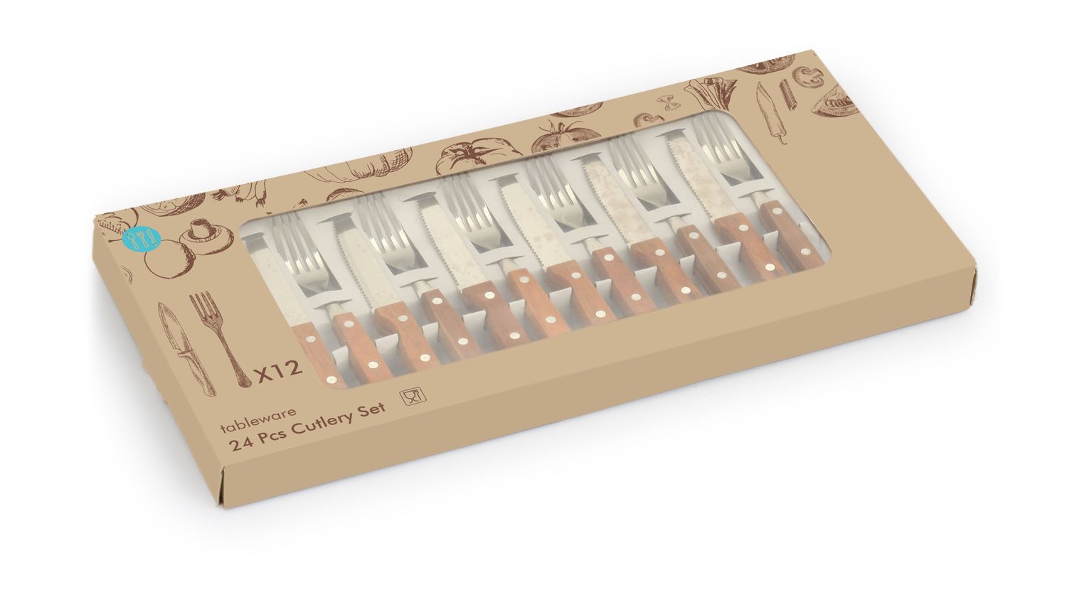 SET VAN 24 BESTEKEN HOUTEN HANDVATEN